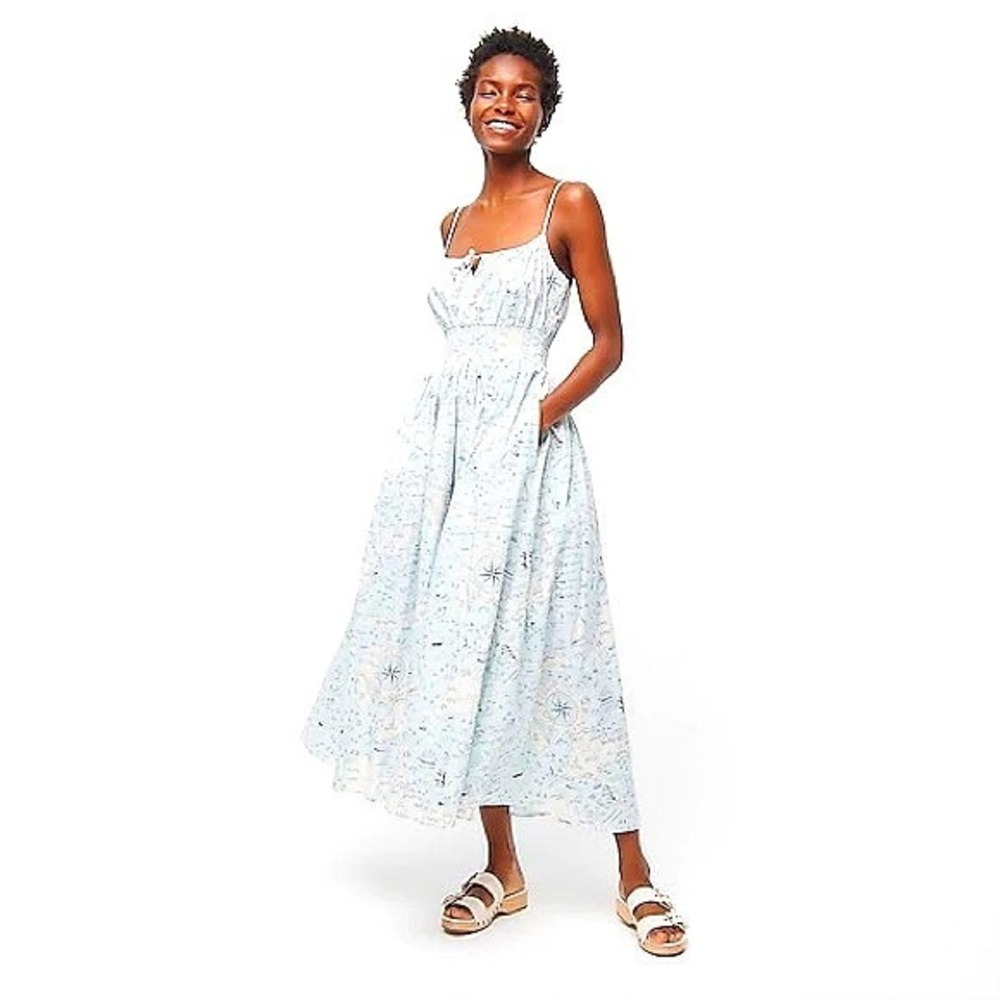 J.Crew‎ Midi Dress Size 6 Light Blue Nantucket Compass Smocked Waist AZ177 NEW